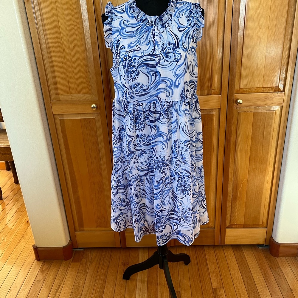 Lilly Pulitzer Blue and White Swirl Tiered Midi Dress